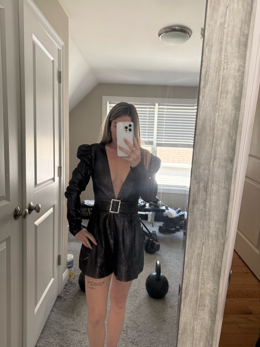 Ramy Brook Black Deep-V Long Sleeve Belted Romper